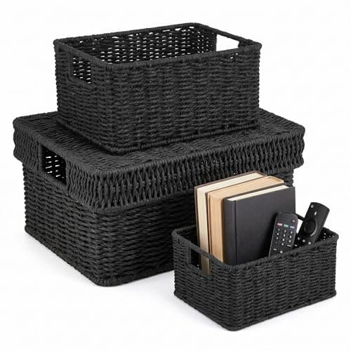 GANLUX Wicker Storage Basket with Lid - Woven Basket for Storage,Rectangular Decorative Boxes Bins with Lids for Shelves,living room, Nursery, 3 baskets+1 lids(Black) - Image 1
