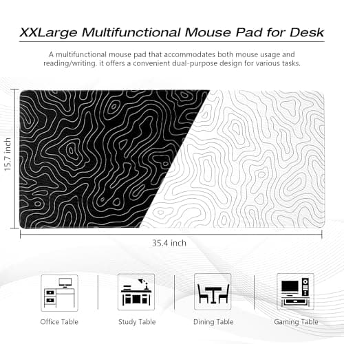 XVX Black and White Topographic Mousepad, XXLarge Gaming Mouse Pad for Desk 35.4x15.7 Inch,Waterproof Desk Pad with Non-Slip Rubber Base Mice Pad,Keyboard Mat Computer Game Mouse Mat - Thumbnail 2