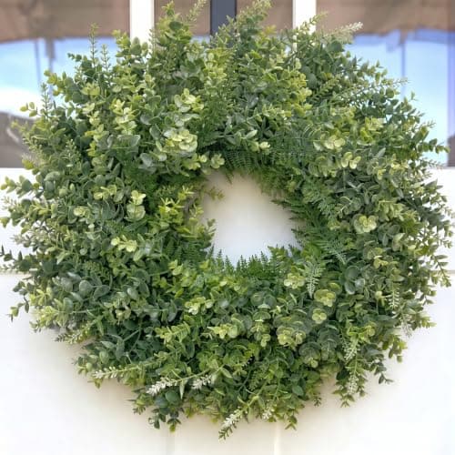 Cankupen 26 Inch Large All Season Boxwood Wreath for Front Door, Artificial Greenery Indoor/Outdoor Wreath, Farmhouse Home Decor for Spring Summer (Sage Green)
