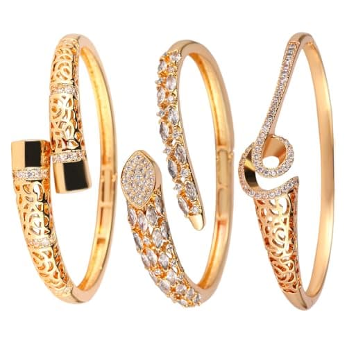 3 Pack 18K Gold Plated Bangles Bracelet Set for Women, Dainty Vintage Trendy Fashion Jewelry, Ideal Gift for Birthday Christmas Valentine's Day Mother's Day for Girlfriend Wife Mom Sister - Image 1
