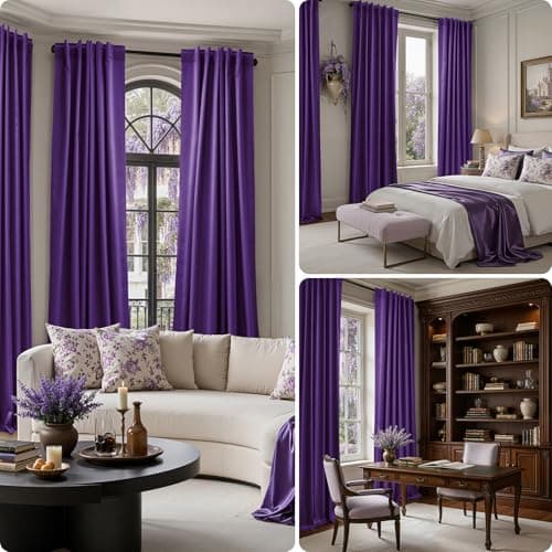 HOMEIDEAS 100% Blackout Faux Silk Purple Curtains 52W x 84L 2 Panels - Thumbnail 2