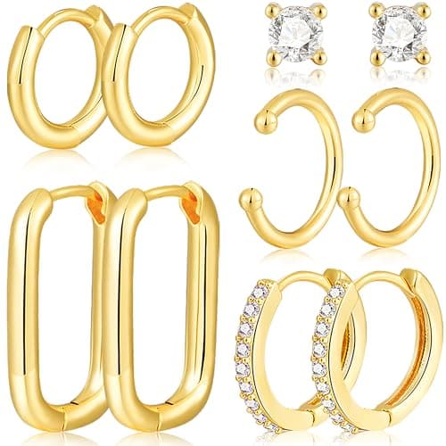 Small Gold Hoop Earrings Set for Women, 14K Gold Plated Lightweight Earrings Sets for Multiple Piercing, Hypoallergenic Huggie Hoops Earrings for Women Jewelry