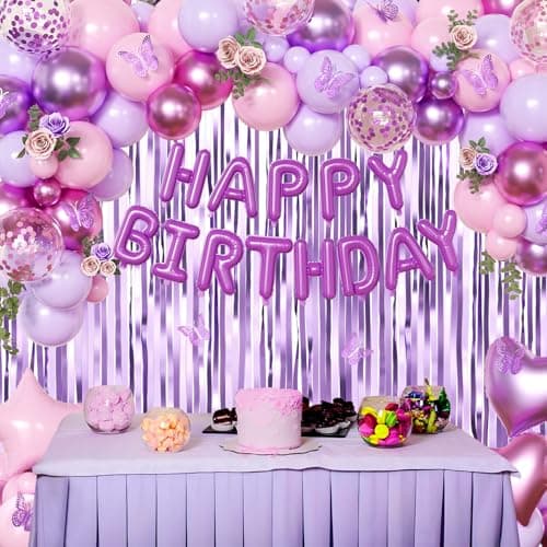 Purple Pink Birthday Decorations, Metallic Magenta Purple Lavender Balloons Confetti Foil Balloons Happy birthday Banner Butterfly Fringe Curtains Birthday Decorations for Women Teens Girls - Thumbnail 2