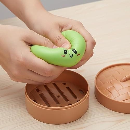 Dumpling Squishy Toy, Dumpling Squishy Mystery Box, Easter Basket Stuffers, Squeeze Dough Ball Stress Relief Hand Toys with Food Steamer Stretchy Desk Toys (Green) - Thumbnail 4