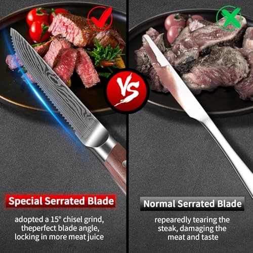 Plys Steak Knives Set of 6 Japanese: Serrated Knife Stainless Steel Steak Knife Set for Kitchen Dishwasher Safe Full Tang Design with Gift Box for Mother and Father - Thumbnail 3