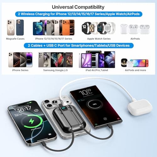 RXRBDA for Magsafe Portable Charger, 10000mAh Wireless Power Bank with Built-in 2 Cables, USB C PD 22.5W Fast Charging Powerbank, Keychain Battery Pack with LED Display for iPhone, AirPods & iWatch - Thumbnail 5