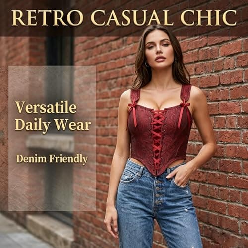 Grodress Renaissance Corset Vest Tops for Women Red Linen Overbust Bustier Bodice Sleeveless Drawstring Crop for Valentine's Day - Thumbnail 2