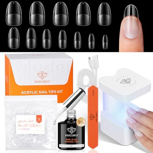 modelones X Nail Gel Kit Medium Oval, 9-in-One Nail Glue with Mini UV Light 216Pcs 12Sizes Pre-Etched Round Press ons Fake Acrylic Extension Kit DIY Salon Gift