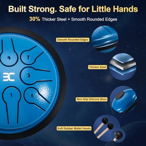 EX Steel Tongue Drum UFO Shape Design, Space Story Gift Set with Book & Stickers, 5.3 Inch 8 Notes Rain Drum for Outside Garden, Musical Instruments for Kids Adult Gift, Calming Drum, Blue - Thumbnail 4
