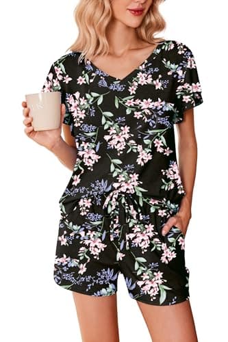 Ekouaer Ladies Sleeping Sets Flowers Printed Soft Pajamas Cute Ruffle Sleeve Comfy Sleepwear with Pockets Black Florals Small - Image 1
