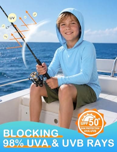 RIKUAOU Boys Hooded Rash Guard Fishing Shirt, UPF 50+ Kids Long Sleeve Sun Hoodie, Youth UV Protection Beach Swim Shirts Light Blue - Thumbnail 4