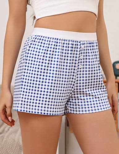 Frcdaunrs Sleep Shorts for Women Gingham Shorts Summer Casual Button Front Boxers Y2k Plaid Pajama Bottoms Blue Plaid L - Thumbnail 2