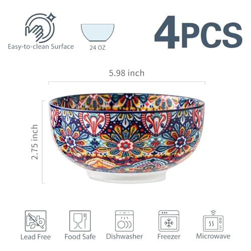 Porcelain Bowl Set of 4, 24 oz, 6 Inche Deeply Bohemia Bowl Set Large Ceramic Bowl Spaghetti Bowl, for Salad Pasta Soup Cereal Oatmeal Fruit, Microwave & Dishwasher Safe Gift Handmade-Style Print - Thumbnail 4