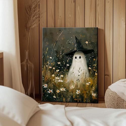 Vintage Cute Ghost Canvas Wall Art Funny Ghost with Witch Hat Poster Prints Wildflower Field Halloween Spooky Gothic Dark Academia Wall Decor Pictures 12x16in - Thumbnail 4