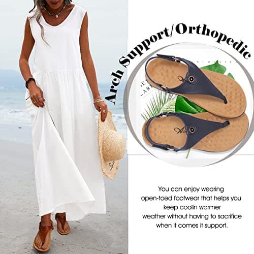 Athlefit Women's Comfortable Orthopedic Sandals Thong Dressy T-Strap Orthotic Casual Summer Arch Support Navy Sandals size 6.5 - Thumbnail 4
