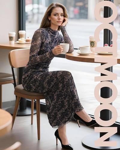 OctMoon Women’s Long Sleeve Maxi Dress High Neck Mesh Bodycon Dress with Splatter Print – Elegant Fall Italian Dress, Boho Evening Cocktail Party Dresses for Women(Navy)-S - Thumbnail 6
