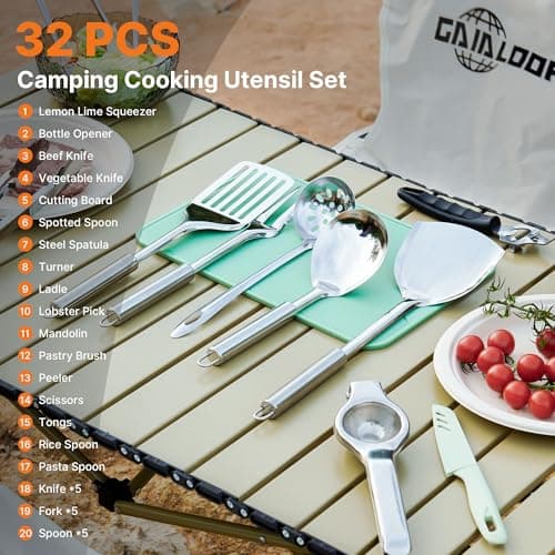GAIALOOP Camping Cooking Utensils Set 32 PCS Camp Kitchen Cookware Kit with Organizer Bag, Portable RV Camping Essentials Camper Must Haves for Cookouts Open Fire Pit - Thumbnail 2
