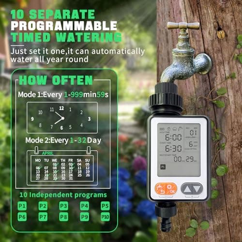 Sprinkler Timer for Garden Hose, 10 Programmable Water Timer with with Auto Rain Delay, IP54 Waterproof 3.3“ Large LCD Drip Irrigation System Timers for Plant, Yard, Lawns, Outdoor - Thumbnail 2