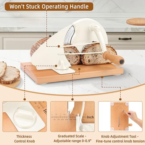 CAWIU Upgraded Manual Bread Slicer for Homemade Sourdough Bread - Adjustable Thickness Bread Cutter with Hand Crank, Suction Cups, Slicing Guide, Scale Line & Cover, for Perfect Even Slices (Cream) - Thumbnail 3