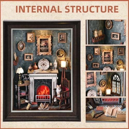 Book Nook Kit - 3D Wooden Puzzle with LED Switch Control & Wall-Mountable Frame,DIY Miniature House for Beginners,Bookshelf/Tabletop/Wall Decor for Craft Lovers,Dollhouse Gift,Fireplace - Thumbnail 4