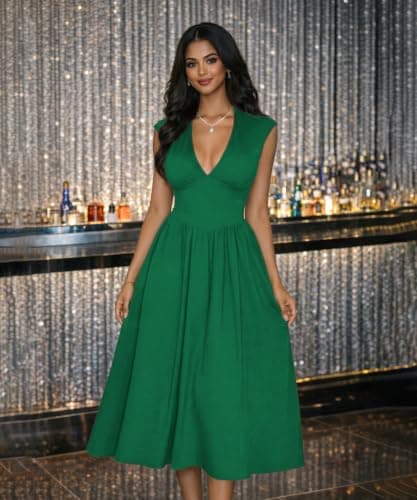 ABKY Womens Midi Dresses Deep V Neck Cap Sleeve Back- Tie A-Line Swing Dress with Pocket Party Foraml Date Night Prom Outfits Green XL - Thumbnail 2