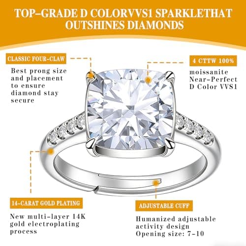 4 Carat Moissanite Engagement Ring for Women, Cushion Cut 4CT Moissanite Wedding Ring, 14K Rose Gold/White Gold Plated Adjustable Bridal Promise Ring, Hypoallergenic Anniversary Ring with Gift Box (42 Silver SIZE 4-7) - Thumbnail 5