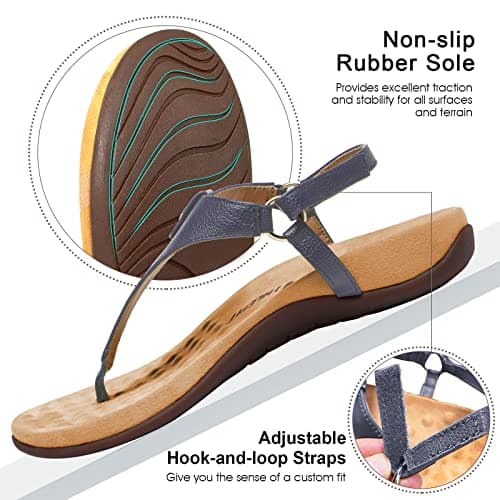 Athlefit Women's Comfortable Orthopedic Sandals Thong Dressy T-Strap Orthotic Casual Summer Arch Support Navy Sandals size 6.5 - Thumbnail 6