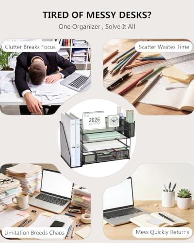 WALI Desk File Organizer, 4 Tier Desktop Paper Letter Tray Organizer with Drawer and 2 Pen Holders, Office Desk Accessories & Workspace Organizers for Office, Home Supplies(DO005DH-B), 1 Pack, Black - Thumbnail 3