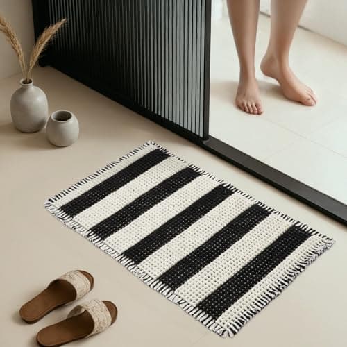 MatEssenz Machine Washable Nonslip Bathroom Rugs Quick Drying Water Absorbing Small Bath Mat for Bathroom Floor,20" x 32", Shower Accessories, Black and White Stripes - Image 1