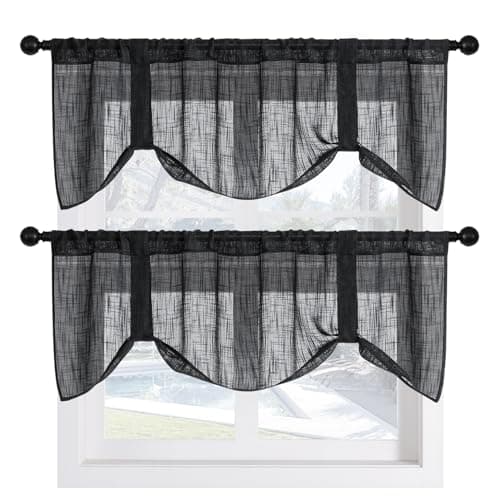 Home Queen Adjustable Burlap Tie Up Valances, Semi Sheer Faux Linen Balloon Valences for Office and Living Room, Set of 2, W 54" X L 20", Black