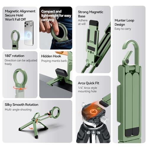 COMAN DP58 Magnetic Phone Tripod, Aluminum MagSafe Tripod Stand with Carabiner, Mini Portable Travel Pocket Stand for iPhone & Non-Magnetic Phones with Included Ring - Thumbnail 2