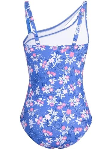 Belovance Girls Swimsuits One Piece Bathing Suit Solid Color Ruched Swimming Suit Tween Summer Modest Beach Swimwear Adjustable Straps Quick Dry Size 13 14 (14Y, Purple Floral) - Thumbnail 4