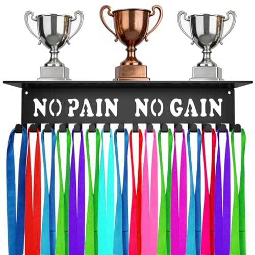 Bliocefo Medals Hanger Holder Display Steel Rack Hooks Wall Mount Frame Over 60 Medals-Sports Medal Hook Storage Organizer Never Give Up Ribbon with Easy Hanging Bars Black (No Pain No Gain Shelf) - Image 1