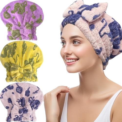 Jseng 3Packs Microfiber Hair Towel for Women - Quick-Drying, Super Absorbent Hair Wrap with Bow Design, Soft Hair Towel Turban for Curly Long Wet Hair - Image 1