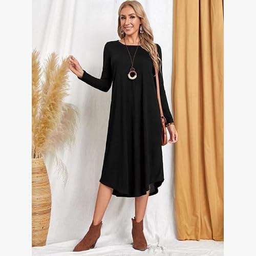 Lounge Dress for Women Long Sleeve Nightgown Midi Long Dress Loose Casual Side Slit Dresses Pocket L Black - Thumbnail 6