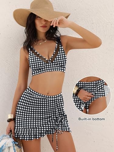 ANRABESS Womens Bikini Skirt Sets High Waisted Two Piece Swimsuits 2026 Summer Tummy Control Mesh Swim Bathing Suits Black Plaid Medium - Thumbnail 4