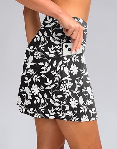 G Gradual Women's Golf Skirts Skort 4 Side Pockets High Waisted Stretchy Tennis Skirt with Short Athletic Casual(Black Flower,S) - Thumbnail 2