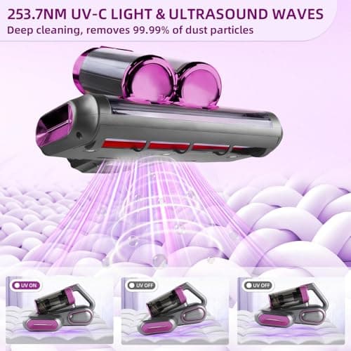 BESTING Cordless Mattress Vacuum Cleaner, 16Kpa Handheld Bed Vacuum with 253.7nm UV-C Light, Ultrasonic, Widened Suction, Low Noise, HEPA Filtration for Mattress Sofa Couch Pet Hair, Purple - Thumbnail 3