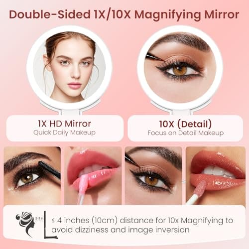 Makeup Mirror with Lights, 10X /1X Double-Sided Lighted Makeup Mirror with Magnification, Rechargeable Magnifying Mirror with 3 Color Lights, Portable Make up Mirror 3 in 1 Tabletop/Handheld/Hanging - Thumbnail 2