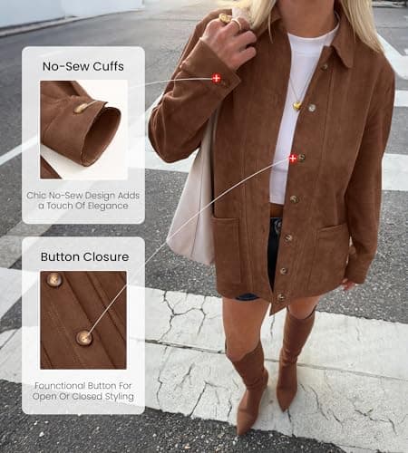 BTFBM Faux Suede Jacket Women Fall Fashion 2026 Leather Jackets Long Sleeve Button Down Winter Coats Shackets Outerwear(Brown, XX-Large) - Thumbnail 4