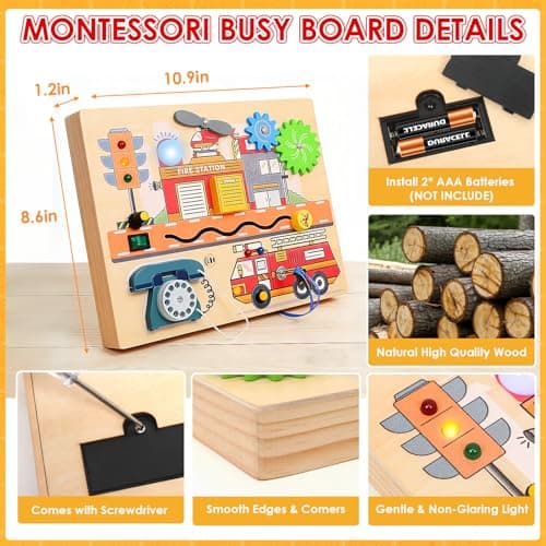 Wdmiya Montessori Busy Board for Toddlers 2-4, Fire Truck Activity Board with LED Lights & Sounds, Wooden Sensory Learning Toy with Rotary Phone, Helicopter & Gears, for 2 3 4 Year Old Boys Girls Gift - Thumbnail 2