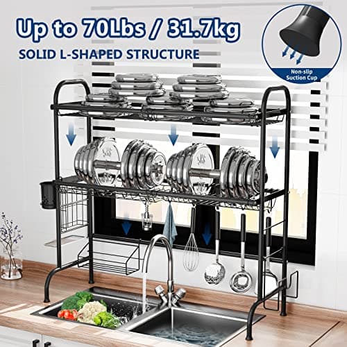 MOUKABAL Dish Drying Rack - Stainless Steel Over The Sink Dish Drying Rack (Expandable Length), 2 Tier Large Dish Rack with Utensil Holder, 32.3" - 33.9"(L) x 11.4"(W) x 32.3"(H) Black - Thumbnail 5