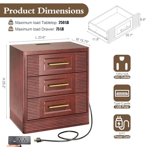 RECHHX 3 Drawer Dresser for Bedroom, 25.6" Tall Nightstand with Charging Station, Farmhouse 23.6" Wide End Table, Thermoformed Curved Small Chest of Drawers for Bedroom, Living Room, Cherry - Thumbnail 2