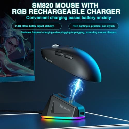 SOLAKAKA SM820 Wireless Gaming Mouse with RGB Charging Dock,24000 DPI Tri-Modes Wireless Mouse with 2 Side Buttons,Programmable Macro Mouse for Gaming(Black) - Thumbnail 3