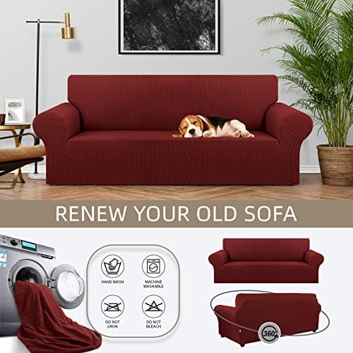 KEKUOU Stretch Oversized Sofa Slipcover 1 Piece Couch Sofa Cover (94"-110") Furniture Protector 4 Seater Sofa with Elastic Bottom for Kid,Pet.Jacquard Checked Pattern Fabric(X Large,Dark Red) - Thumbnail 3