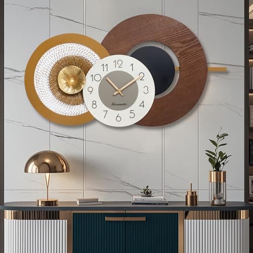 37.8x23 Inch Large Mid-Century Modern Wall Clock, Oversized Wood and Metal Frame Brown Decorative Clock for Living Room, Kitchen, Bedroom, Office