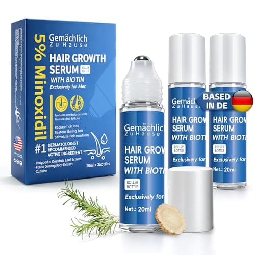 NDC Listed 5% Minoxidil for Men Hair Growth Serum Caffeine & Rosemary - Unscented, Fast-Absorbing Roll-On for Hair Loss Topical Treatment with Biotin, 3x20ml - Image 1