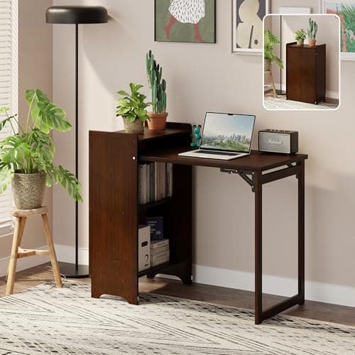 HDDFER Bamboo Folding Desk for Small Spaces,Hidden Desk with Storage Shelf, Foldable Computer Desk for Bedroom Home Office, Mid Century Modern Fold Out Table Writing Table, Walnut - Image 1