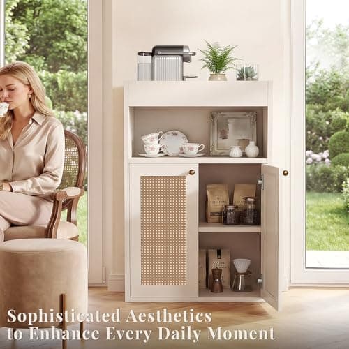 OMCHOM 37.5" Narrow Freestanding Bathroom Storage Cabinet with Rattan Doors, Top Enclosed Guardrail Shelf, High Density Solid MDF Adjustable Shelf, White Bathroom Organizer (White) - Thumbnail 4