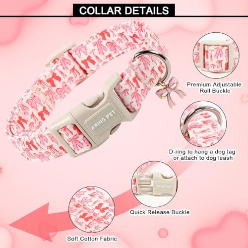 ARING PET Girl Dog Collar, Cute Spring Summer Pink Bow Puppy Pet Collars Necklace for Small Medium Large Female Dogs-M - Thumbnail 2